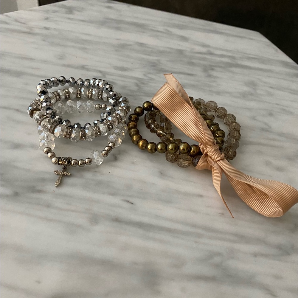 Bundle of six beaded stretchy bracelets. Silver/ clear and Gold/ Bronze